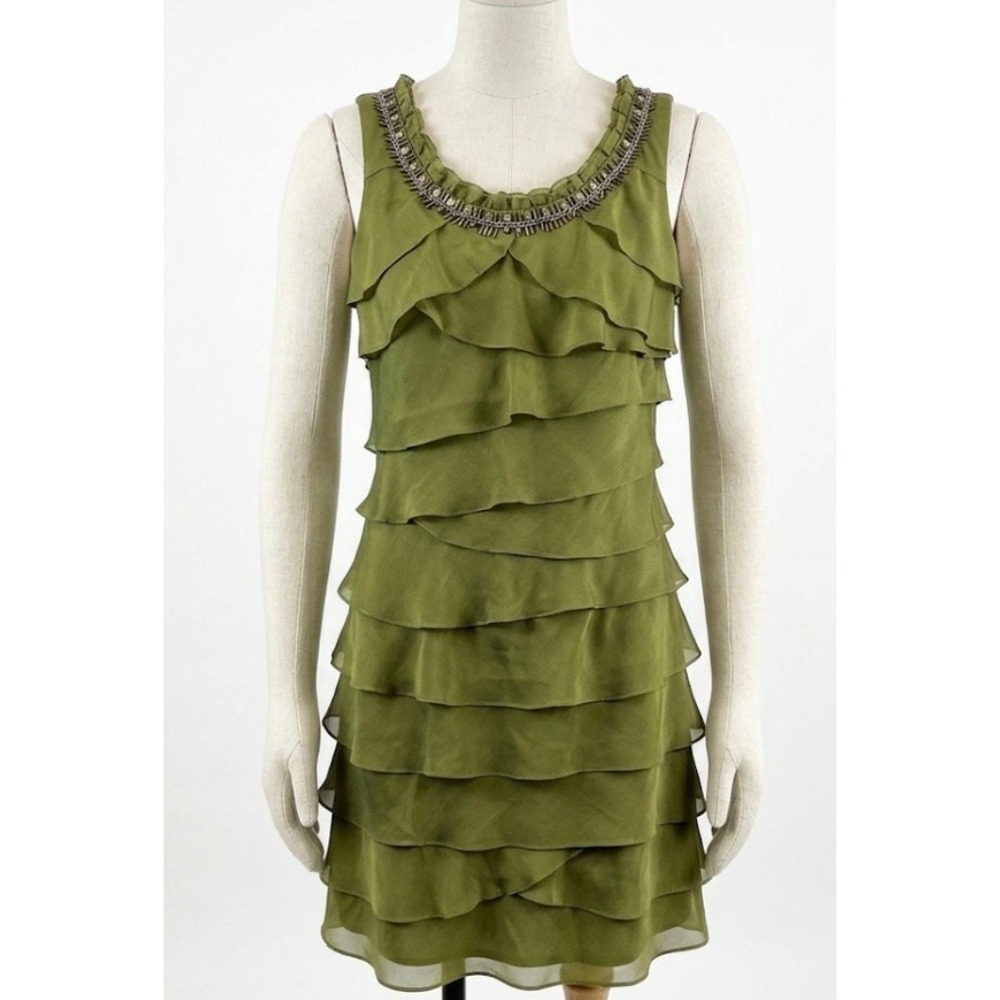 Y2K S.L. Fashions Olive Green Tiered Dress 10P Fairy Earthy Mossy Beaded Goblin